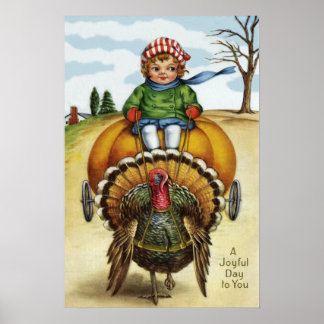 Erntedank Turkey Boy Riding Pumpkin Poster