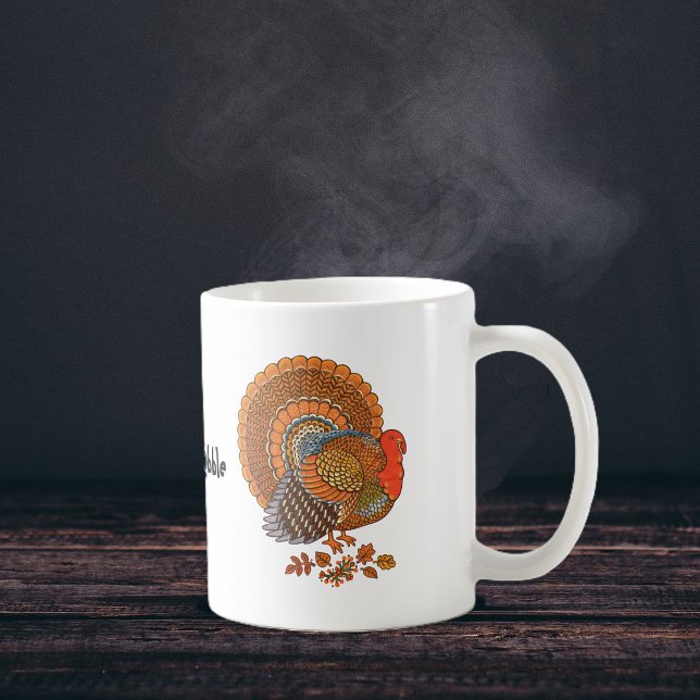 Erntedank Turkey Coffe Tasse (Colourful male turnkey with fanned tail standing in leaves on Thanksgiving coffee or tea mug.)