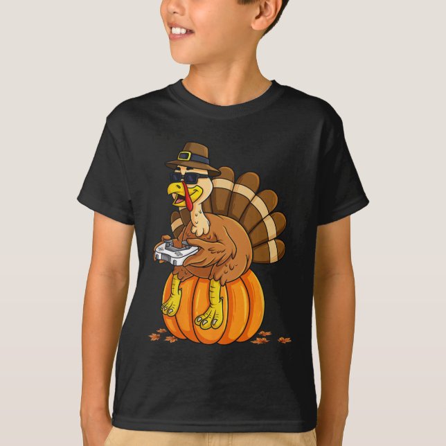 Erntedank Turkey Gamer Pumpkin Boys Kinder Teens T-Shirt (Vorderseite)