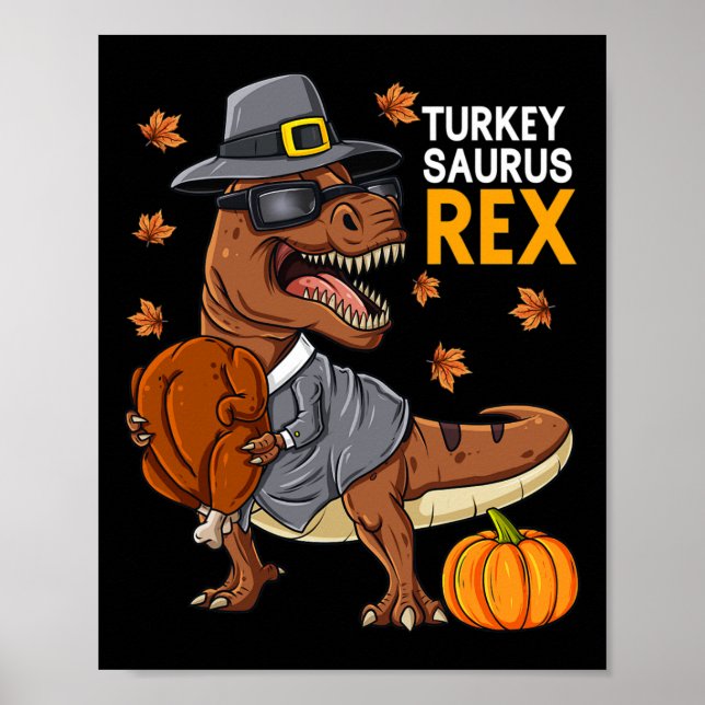 Erntedank Turkey Saurus T Rex Pilgrim Dinosaurier Poster (Vorne)