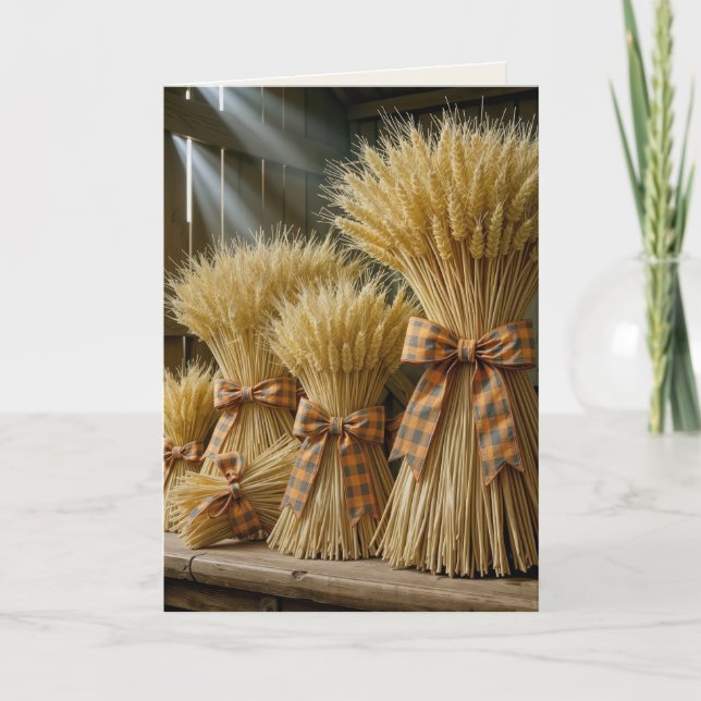 Erntedank Weizenbündel mit Kariertem Band Karte (Vorderseite)