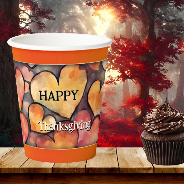 Erntedank zum künstlerischen Happy Hearts Pappbecher (Thanksgiving paper cups featuring a festive design with painted hearts and an orange gold lining)