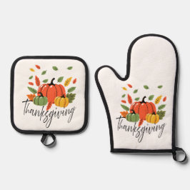 Erntedankblätter und Kürbis in Herbstfarben Ofenhandschuh & Topflappen-Set