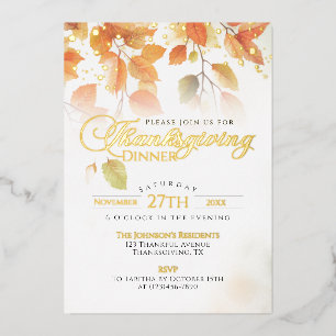 Erntedankfest Dinner Elegante Herbstblätter Gold Folieneinladung