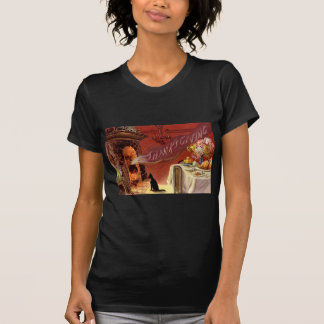 Erntedankfest Dinner Schwarze Katze Kamin Truthahn T-Shirt