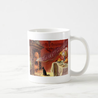 Erntedankfest Dinner Schwarze Katze Kamin Truthahn Tasse