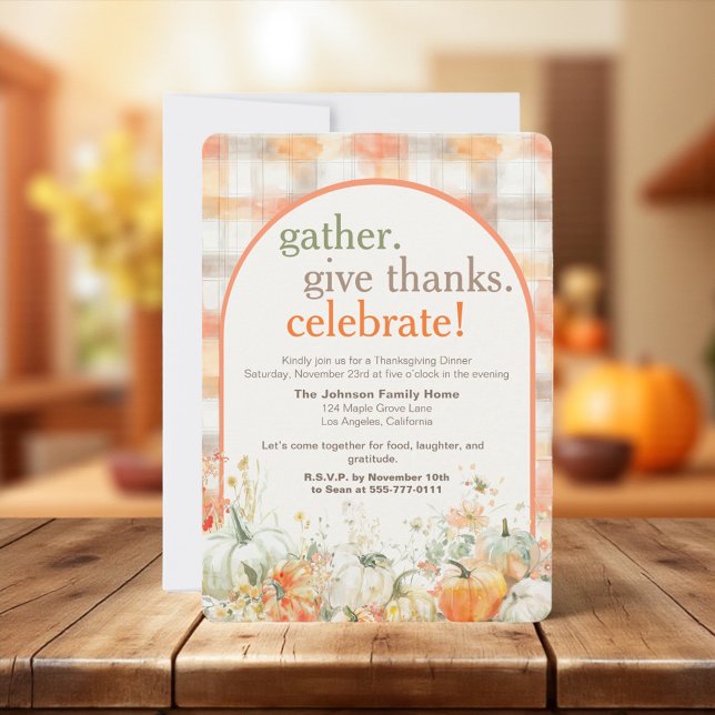 Erntedankfest-Einladung Gingham Einladung (Gather Give Thanks Celebrate arch Thanksgiving invitation card with gingham pattern”)