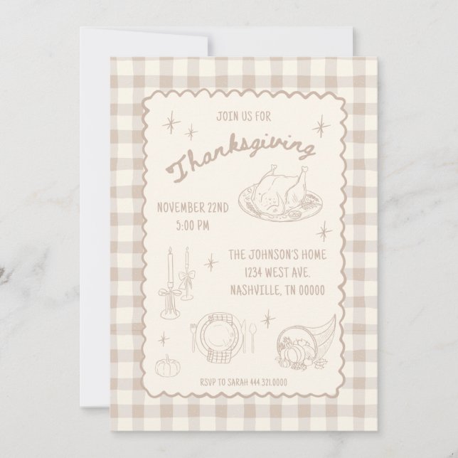 Erntedankfest Gingham Beige Neutrale Ästhetik Einladung (Vorderseite)