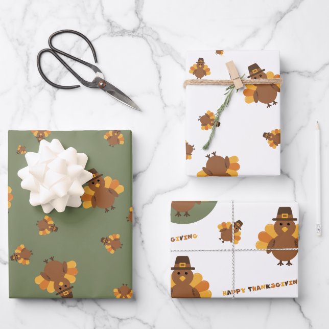 Erntedankfest Herbst Grüner Truthahn Geschenkpapier Set (Vorderseite)