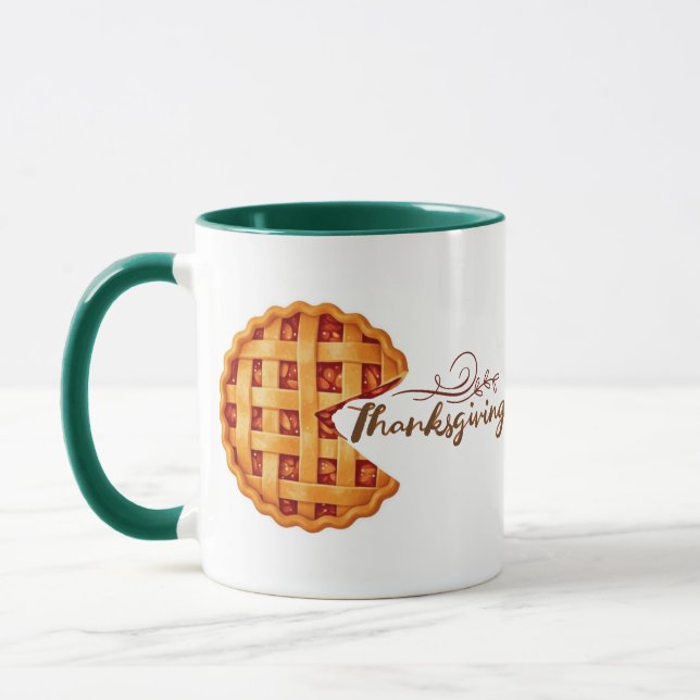 Erntedankfest-Pie-Stück Retro-Arcade-Grüner Griff Tasse (Links)