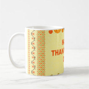 Erntedankfest: Retro Stickerei-Kartendesign. Kaffeetasse
