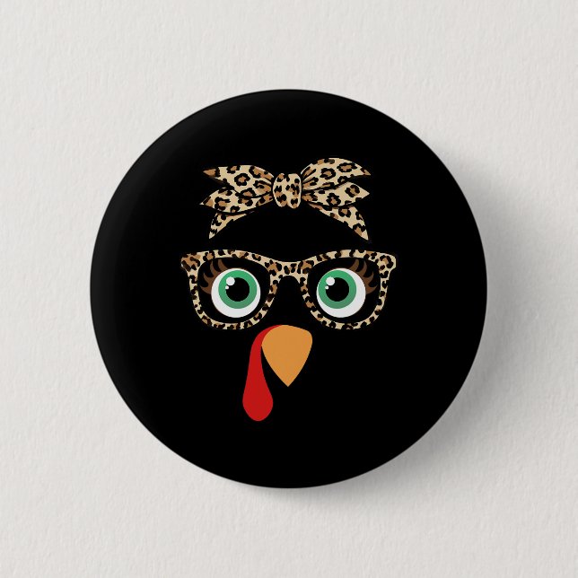 Erntedankfest Truthahn Gesicht Mädchen Leopard Bog Button (Vorderseite)