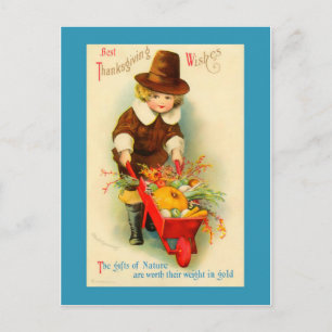 Erntedankfest Vintage Pilgerjunge & Schubkarre Feiertagspostkarte