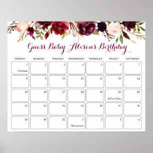 Errate Babys Geburtstag Baby Shower Burgunder Flor Poster