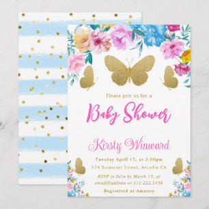 Erröten. Blau und Gold Blumen Schmetterling Baby S Einladung