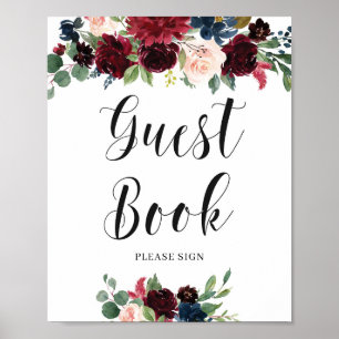 Erröten Burgunder Navy Florales Gästebuch Schild