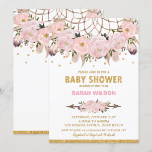 Erröten Floral Traumfänger Baby Shower Mädchen Boh Einladung