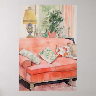 Erröten Komfort – Wasserfarbe Rosa Sofa Wohnzimmer Poster