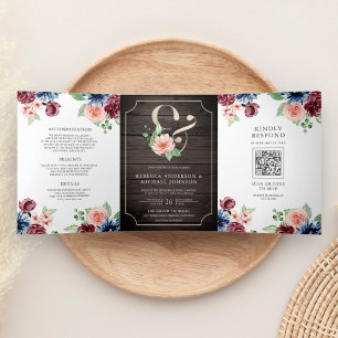 Erröten Navy Burgund Floral Holz QR Code Hochzeit Dreifach Gefaltete Einladung