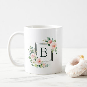 Erröten rosa Aquarell-Blüten-Monogramm Kaffeetasse