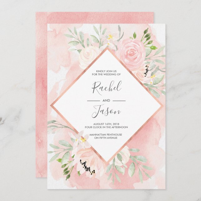 Erröten rosa BlumenAquarell-Hochzeitseinladung Einladung (Vorne/Hinten)