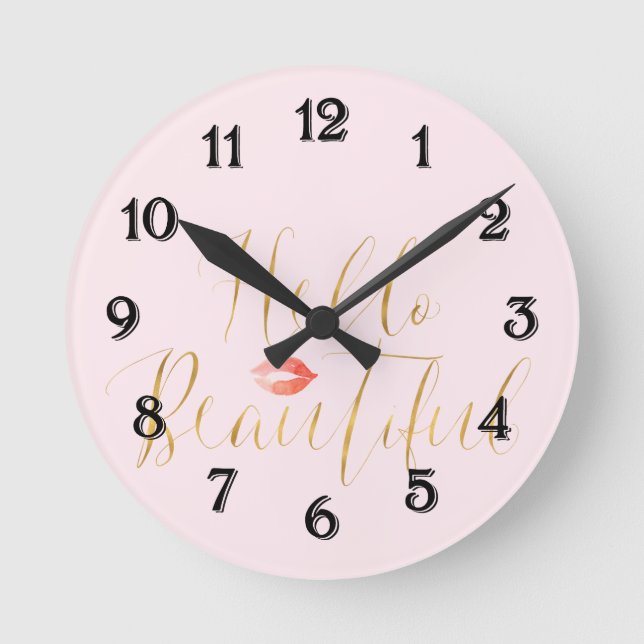 Erröten rosa Goldhallo schöne Lippen Runde Wanduhr (Vorderseite)