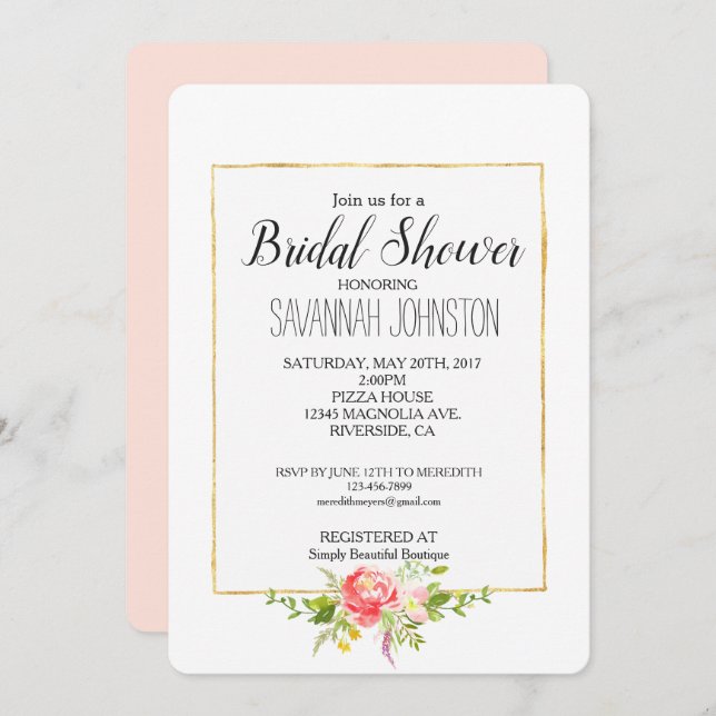 Erröten rosarotes BlumenBrautparty Einladung (Vorne/Hinten)