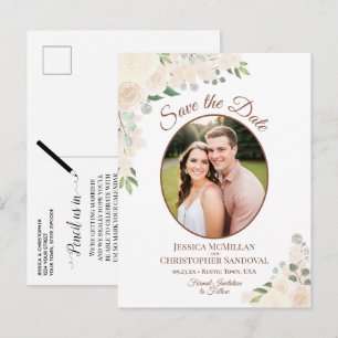 Erröten Sie Pfirsichrosen Oval Foto Hochzeit Termi Ankündigungspostkarte