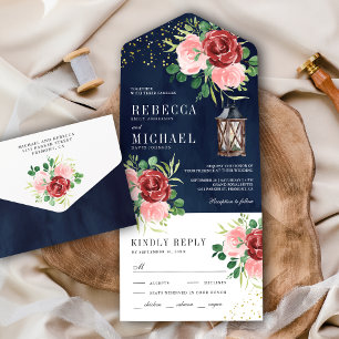 Erröten Sie Rosa Burgund Blumenlaterne Navy-Hochze All In One Einladung