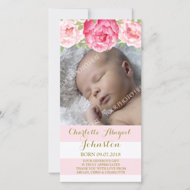 Erröten Streifen, die rosa Blumen Ihnen Dankeskarte (Vorderseite)