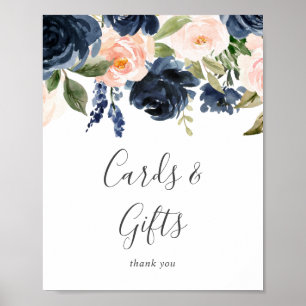 Erröten und marineblaue Blumen Weiße Karten und Ge Poster