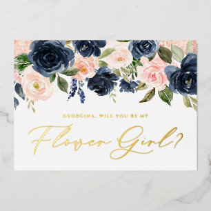 Erröten und Navy Blumen Sei mein Blumenmädchen Folieneinladung