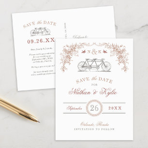 Erröten und Taupe Vintage-Fahrrad Save-the-Date-Ka Ankündigungspostkarte