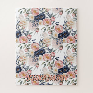 Errötend Marineblau Sanftes Pastellrosa Floral Puzzle