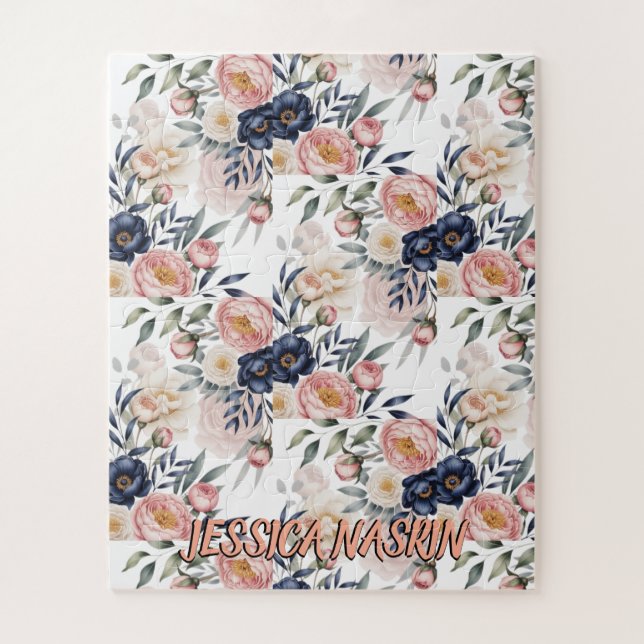 Errötend Marineblau Sanftes Pastellrosa Floral Puzzle (Vertikal)
