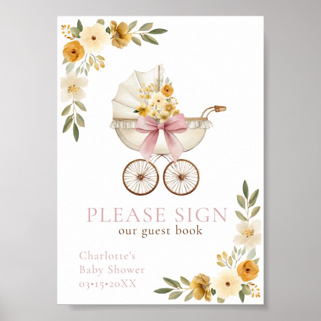 Errötend Rosa Florale Karosse Gästebuchschild Poster (Vorne)