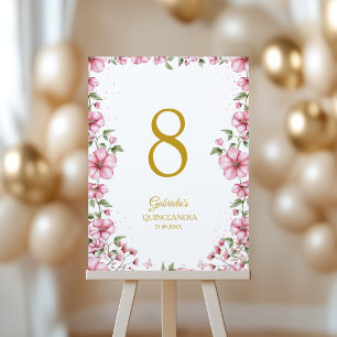 Errötend Rosa Goldene Florale Quinceañera  Tischnummer