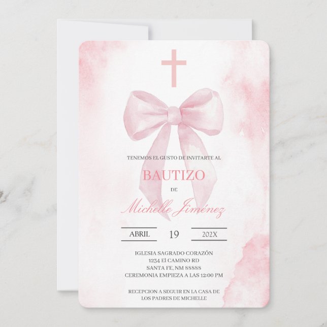 Errötend rosa mit Taufkreuz  Einladung (Vorderseite)