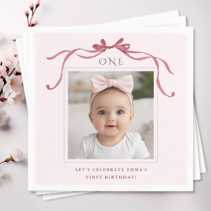 Errötend Rosa Roter Schleife Erste Geburtstagsfoto Serviette