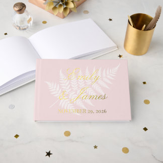 Errötend Rosa Weiße Farne Einfach Elegantes Gold Gästebuch