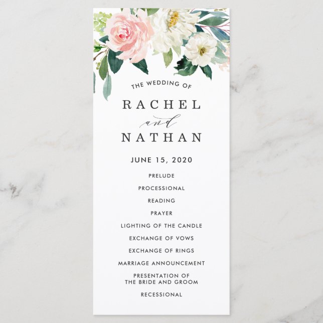 Errötend weiß blühendes florales Hochzeitsprogramm Programm (Vorderseite)