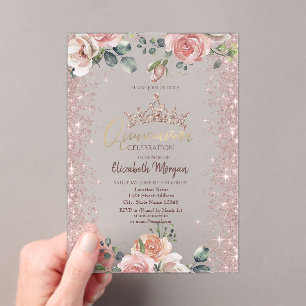Errötende Blumen Diamanten Roségold Quinceanera Acryleinladungen