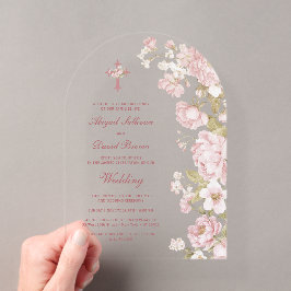 Errötende Blumenbogen religiöse Hochzeit Acryleinladungen