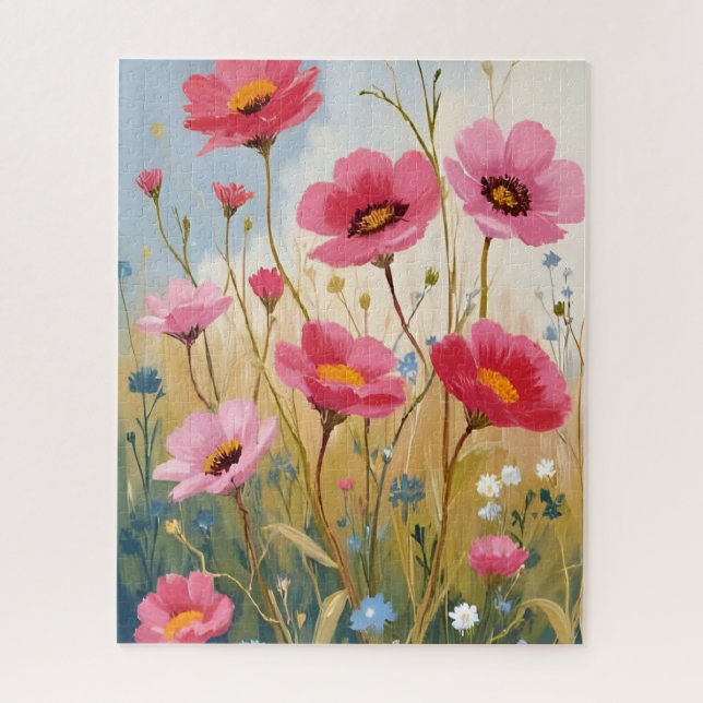Errötende Blüten | Rosa Blumenwiese Floral Puzzle (Vertikal)