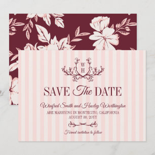 Errötende Burgunder-Grün-Monogramm-Hochzeit Save The Date
