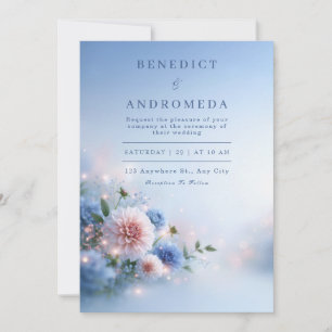 Errötende Dahlie Blaues Nebelbouquet Hochzeit Einladung