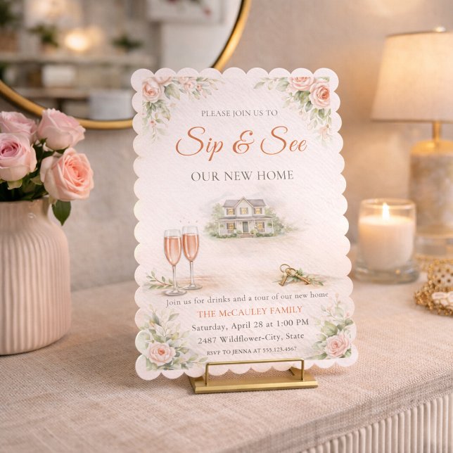 Errötende Einladung zum Heimtreffen (Blush floral home gathering with champagne toast, soft greenery, and new home tour details)