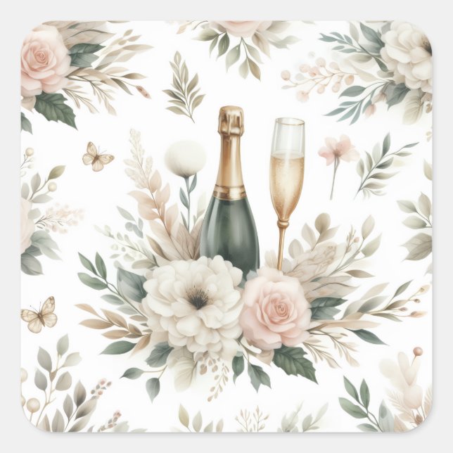 Errötende Florale Champagner Aufkleber (Vorderseite)