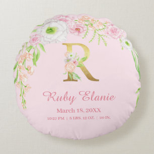 Errötende Florale Gold-Monogramm "R" Baby-Mädchen- Rundes Kissen