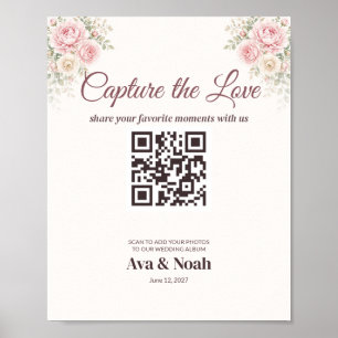 Errötende Florale Hochzeits-QR-Code-Tafel, Foto te Poster